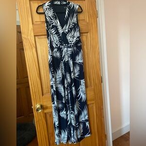 Jessica Howard Embroidered Palm Jumpsuit Navy White Wide Leg Belted Petite M
